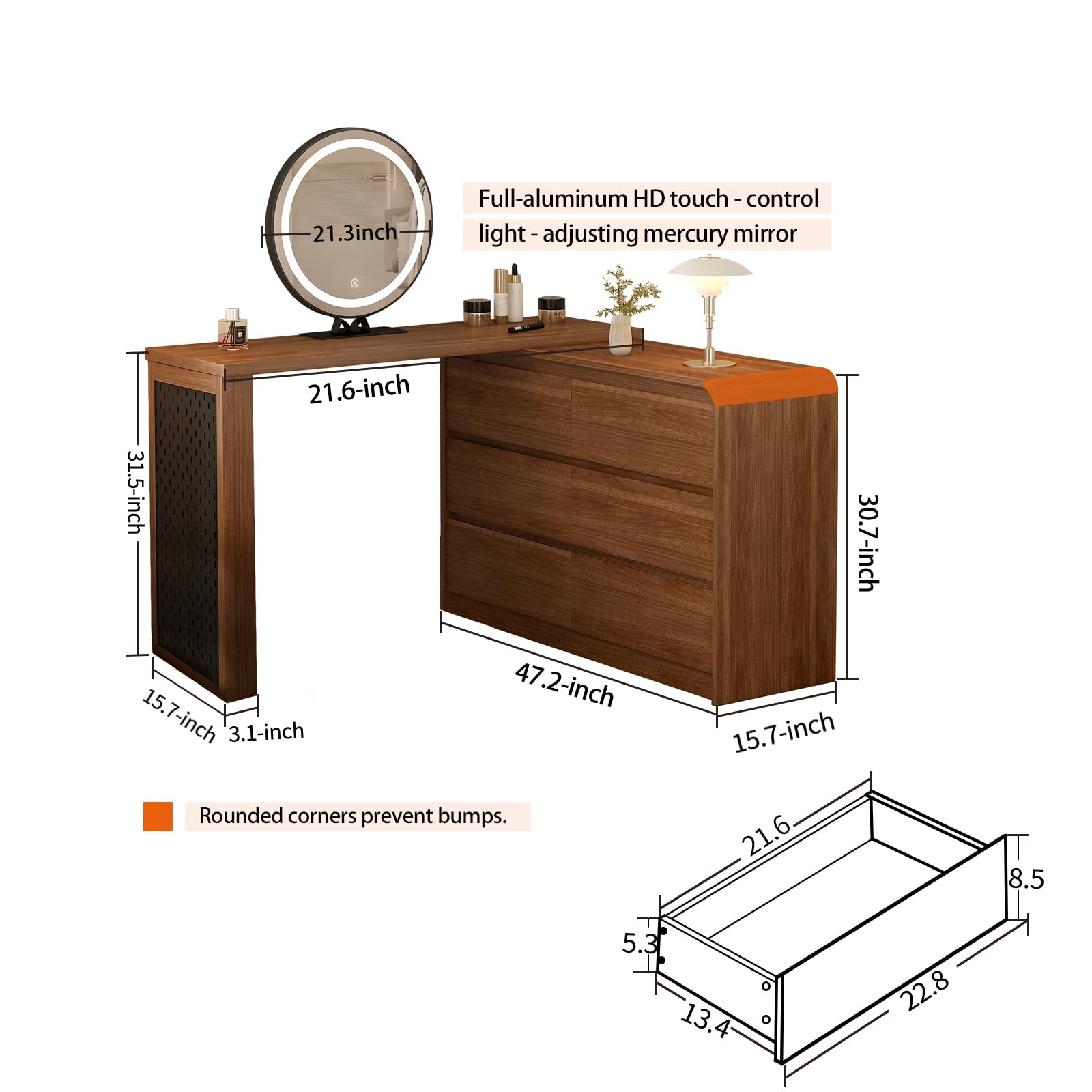 L-Shape Vanity Desk with LED Mirror and Lights - 6 Drawer Makeup Dresser