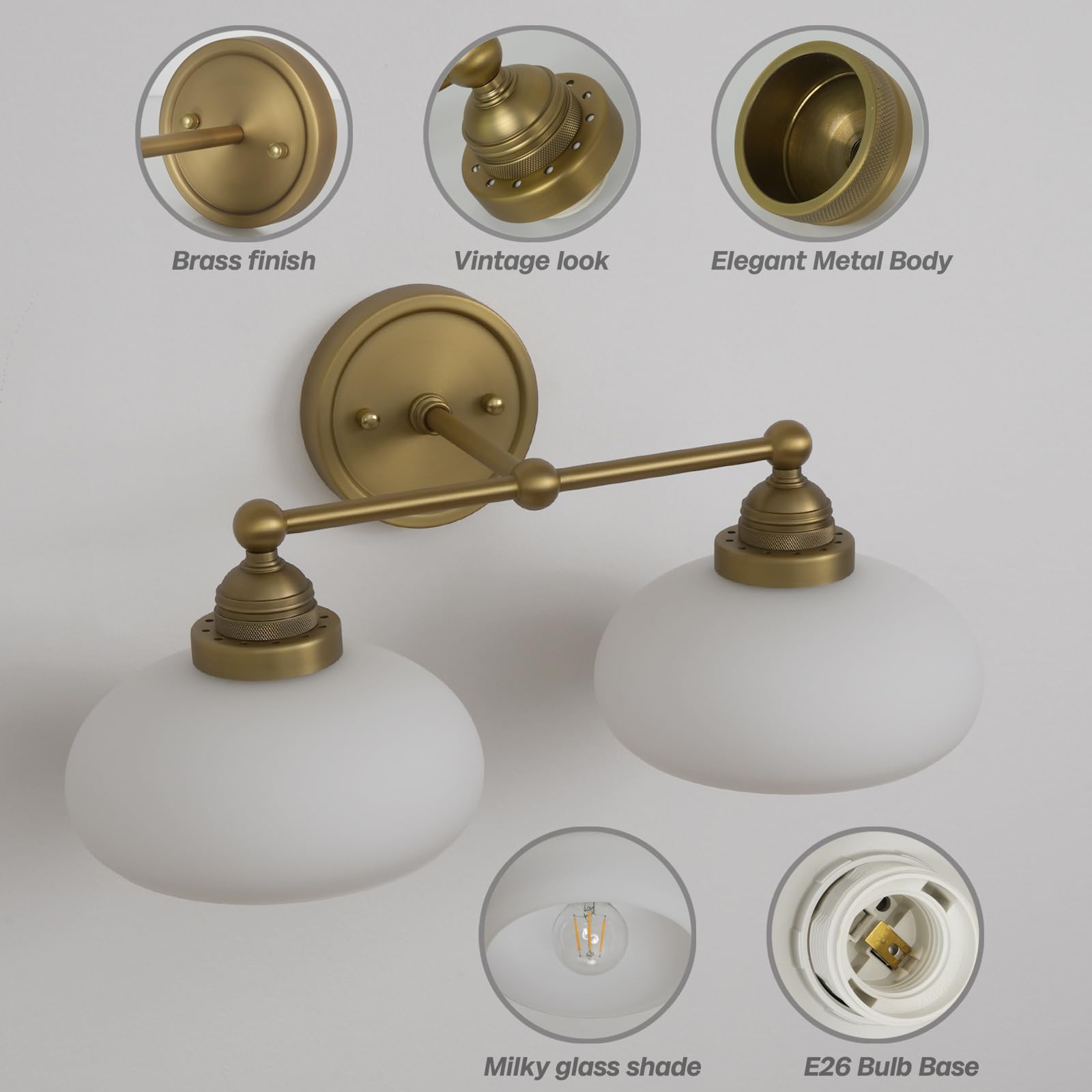 Vintage 2-Light Wall Sconce with Milk White Glass Shade