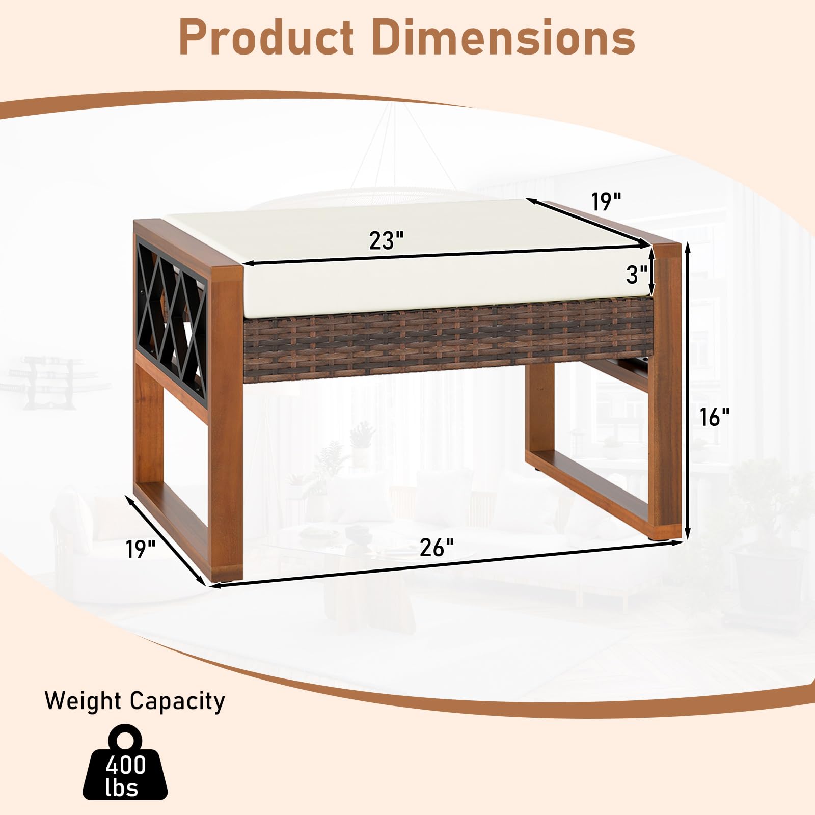Wicker Outdoor Ottomans Set of 2 with Removable Cushions