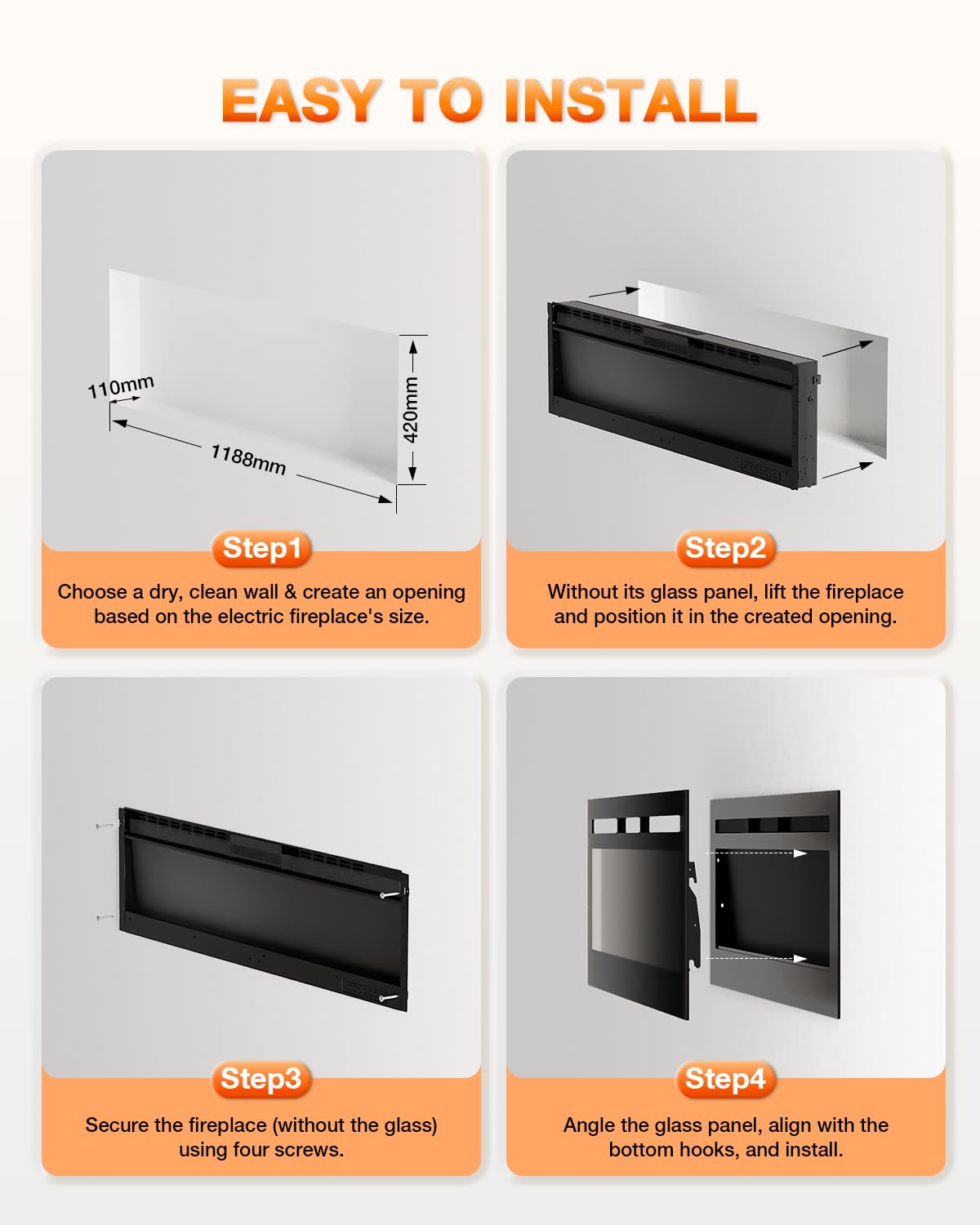 50 Inch Electric Fireplace Heater with Realistic Flame