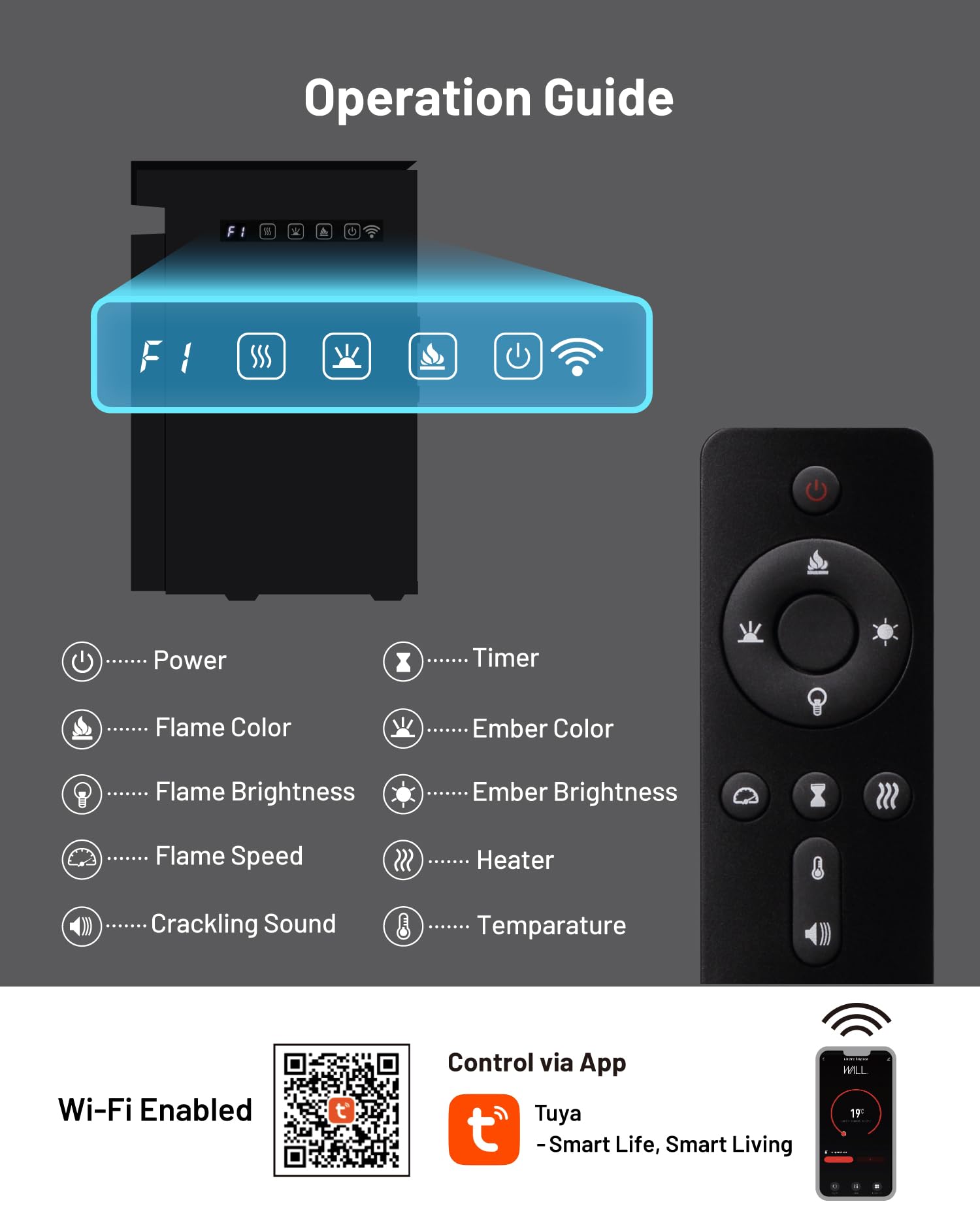 40" Electric Fireplace Wall Mount with WiFi Control