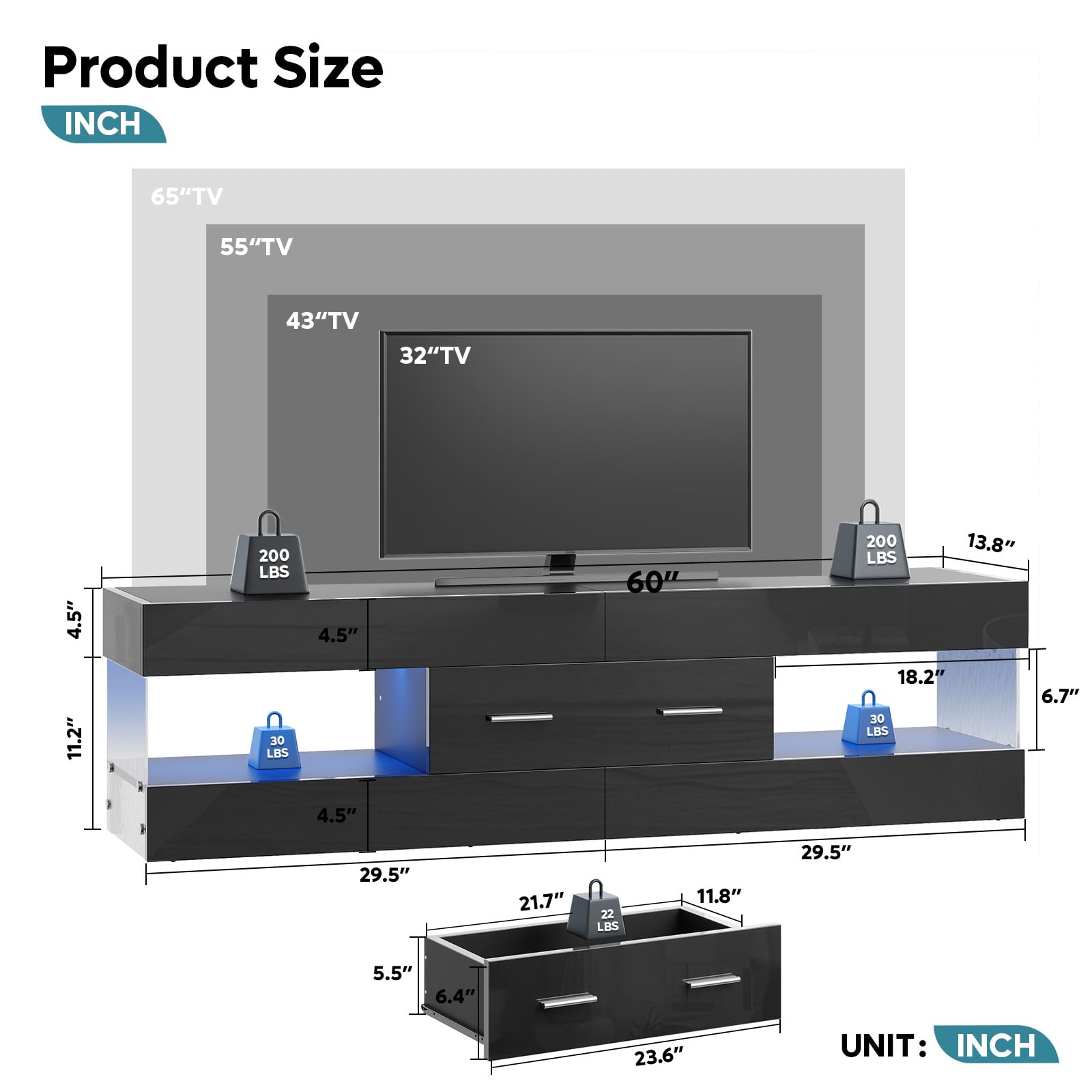 Black TV Stand for 55-65 Inch TV with LED Lights