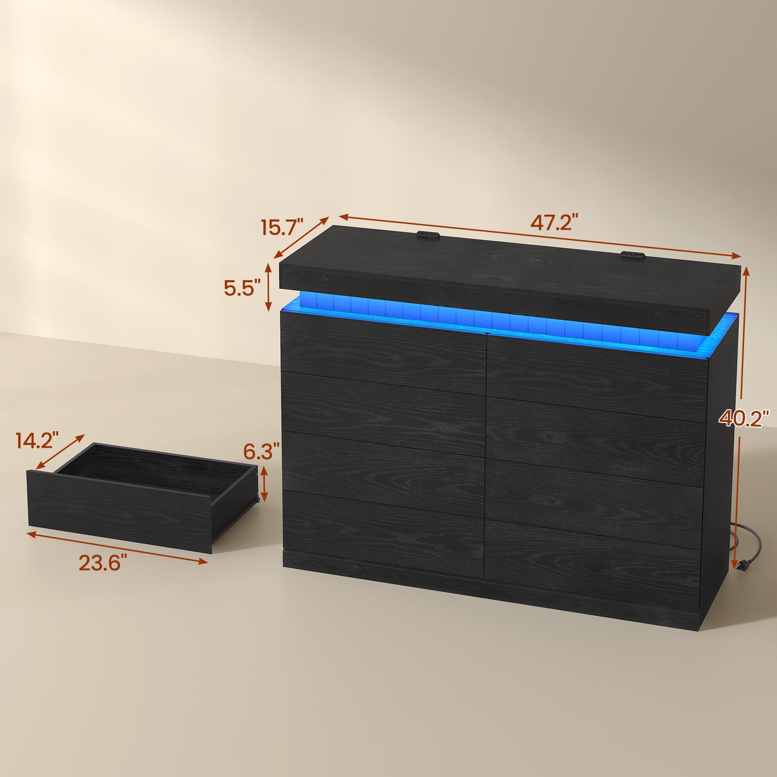Tall Black 8-Drawer Dresser with LED Light and Power Outlet