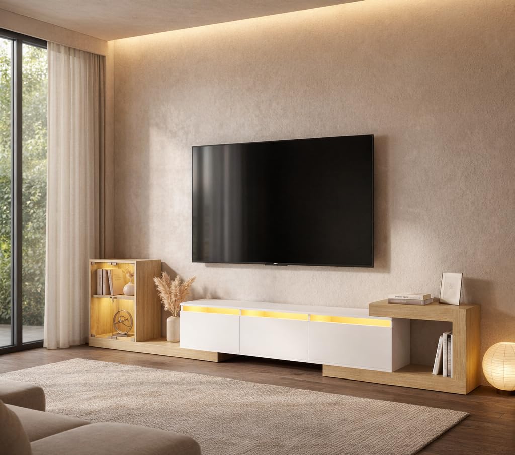 Extendable TV Stand with Glass Cabinet and LED Lighting