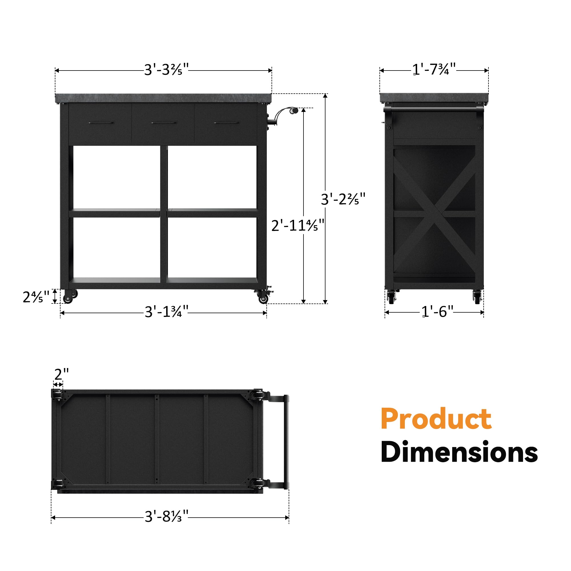 39" Outdoor Grill Table with 3 Drawers and Marble-Textured Top