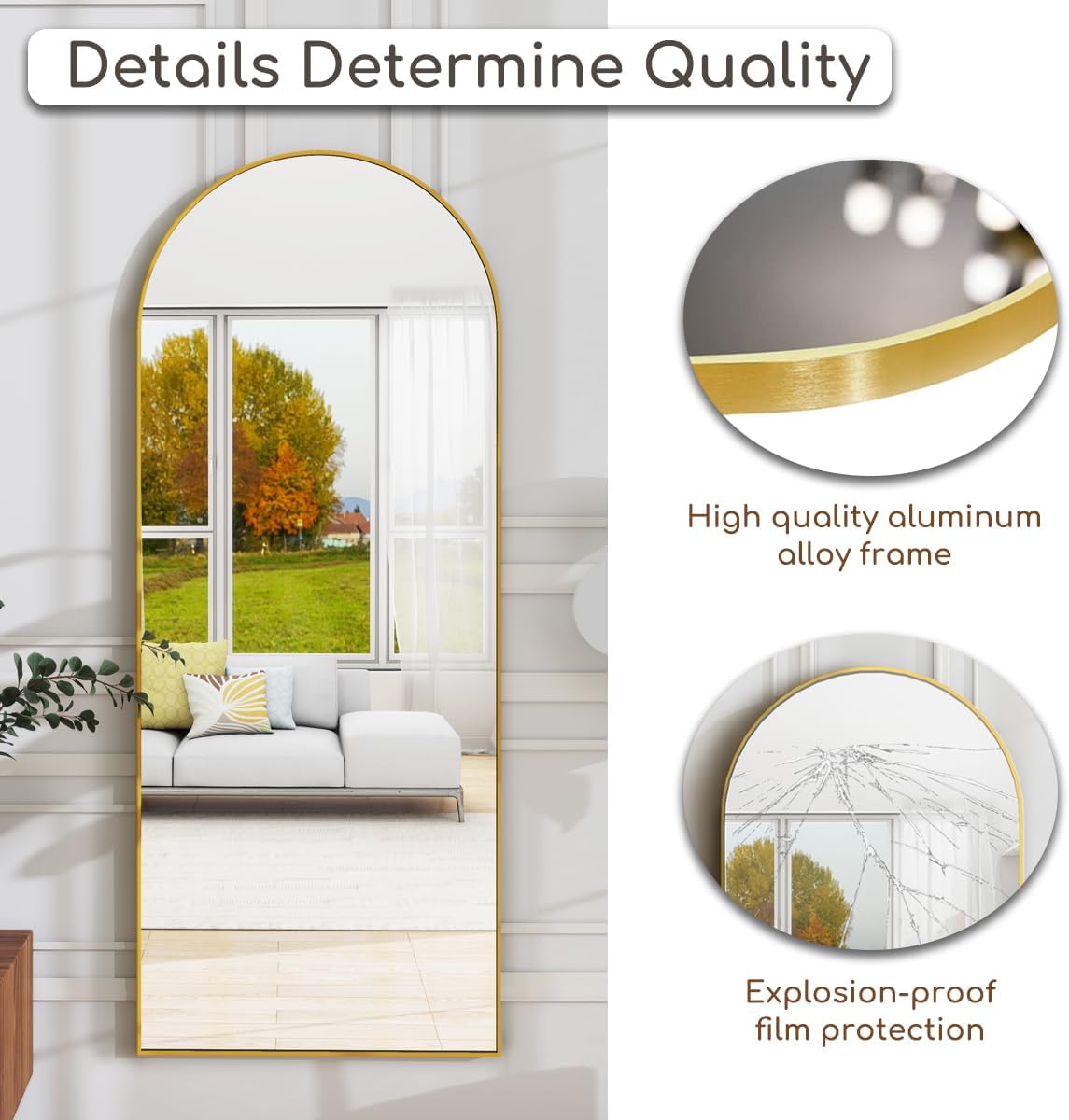 Arched Full Length Mirror 70x26 Gold Aluminum Frame