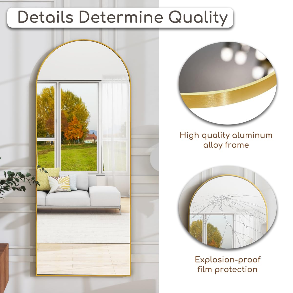 Arched Full Length Mirror 70x26 Gold Aluminum Frame