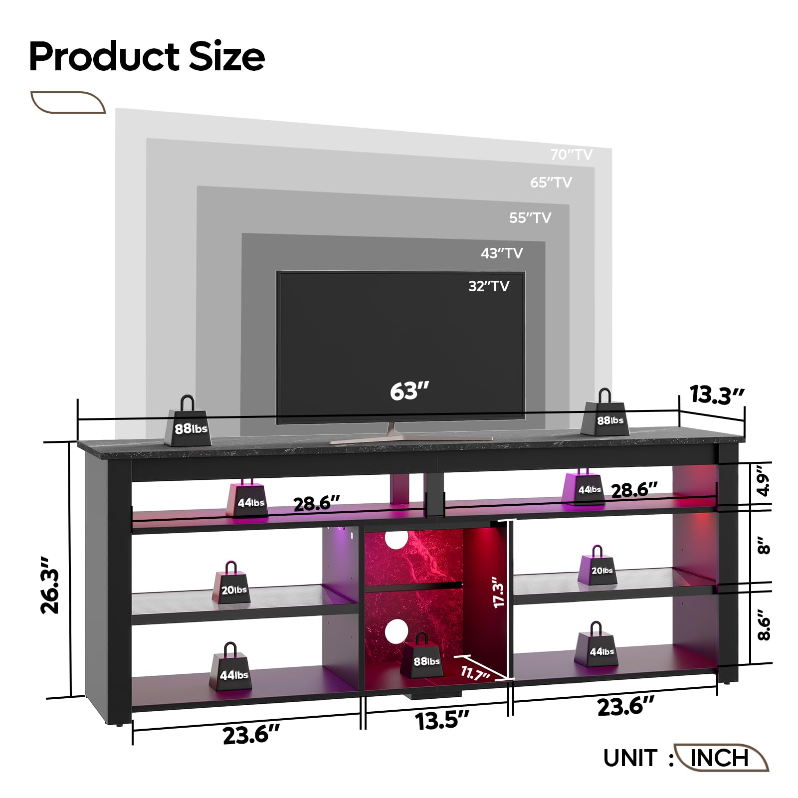 63" LED TV Stand with Gaming Storage