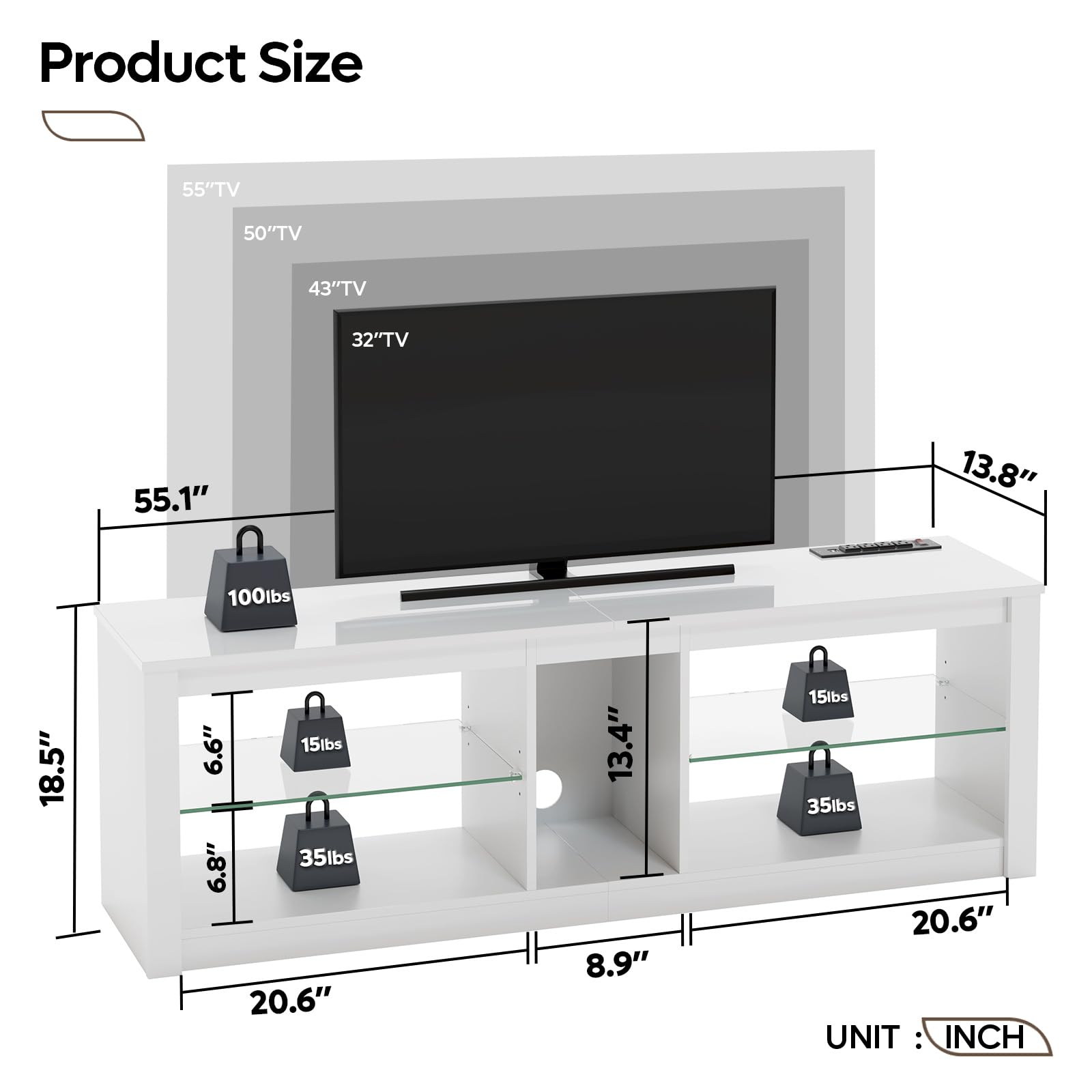 LED TV Stand with Power Outlet & Adjustable Shelves