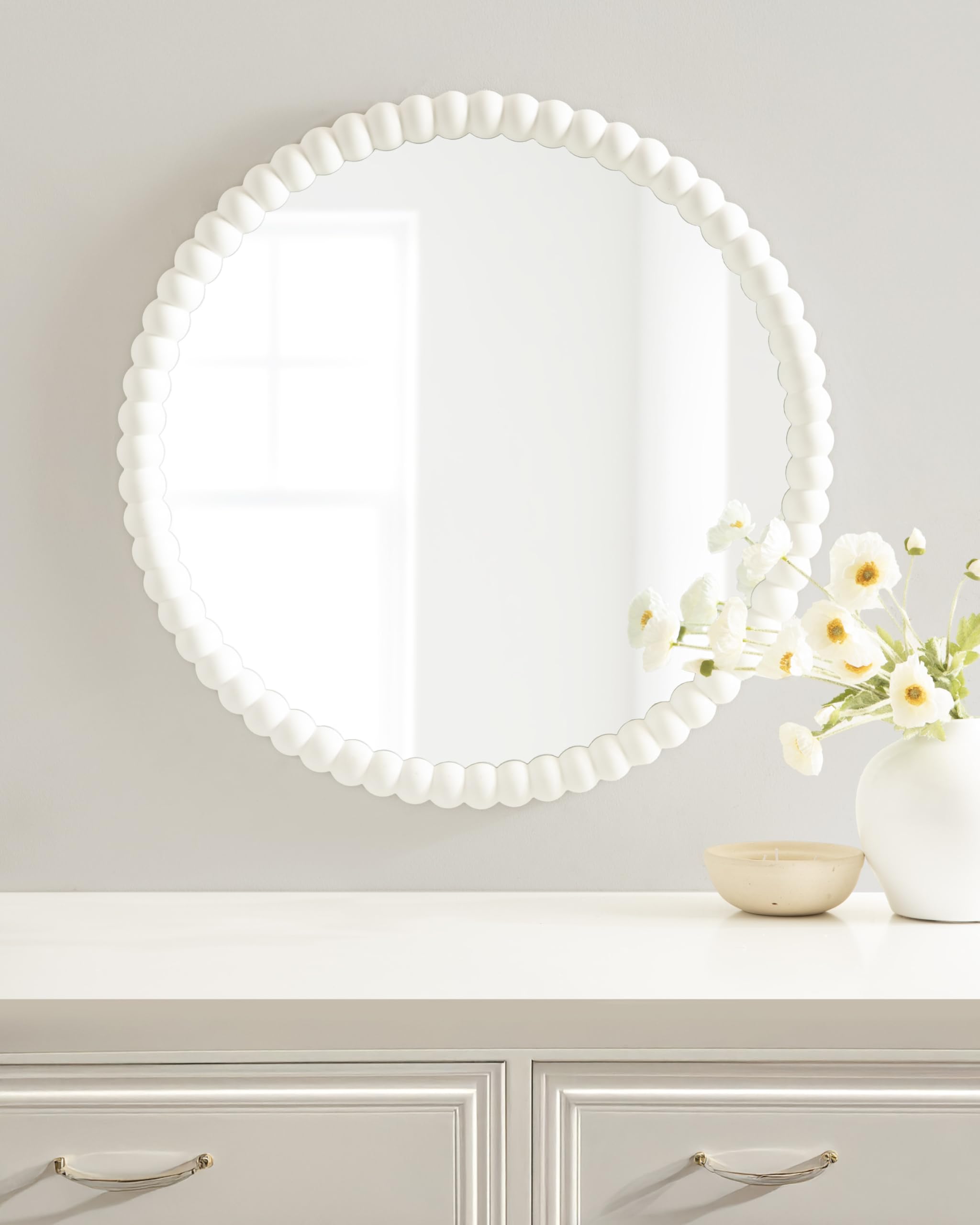 28 Inch Round White Beaded Wall Mirror