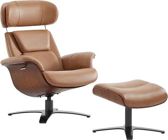 Genuine Leather Reclining Swivel Chair with Adjustable Headrest and Ottoman