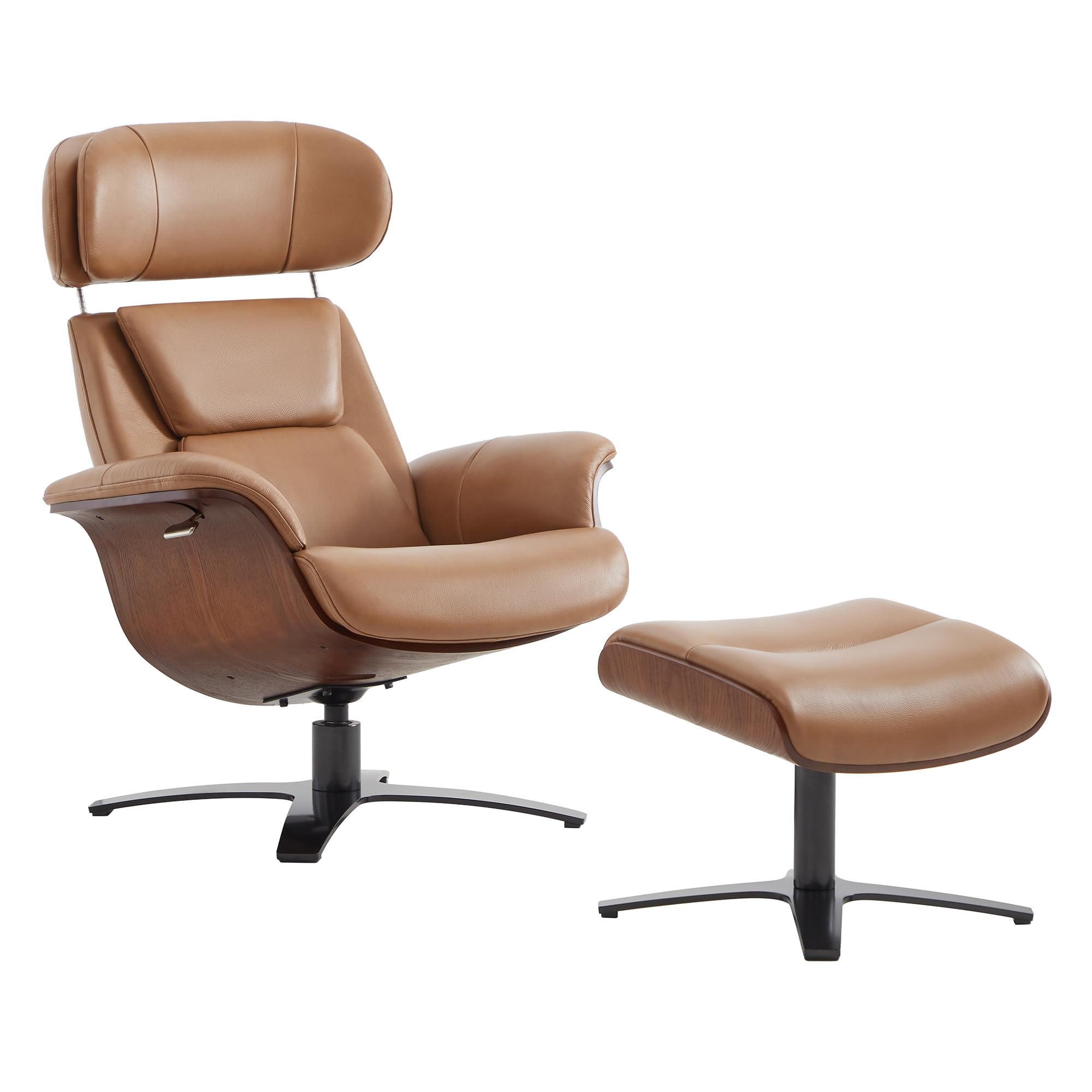 Genuine Leather Reclining Swivel Chair with Adjustable Headrest and Ottoman