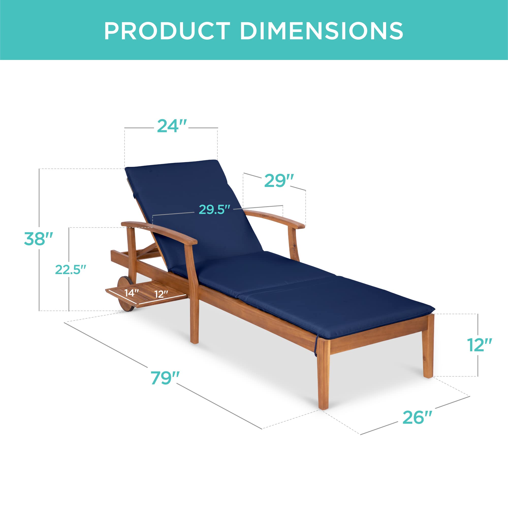 79x26in Acacia Wood Chaise Lounge Chair with Adjustable Backrest