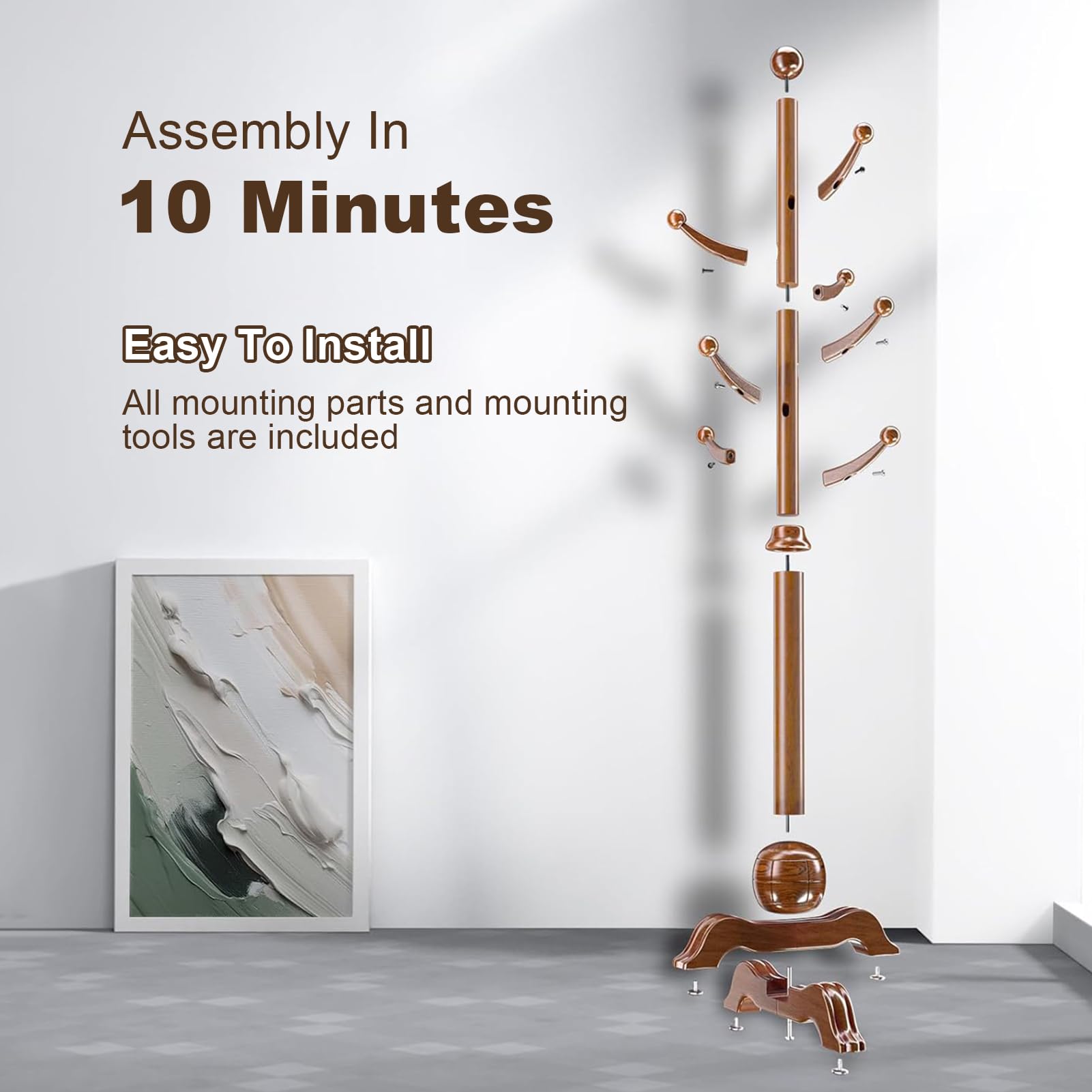 Wooden Coat Rack Freestanding with 7 Hooks