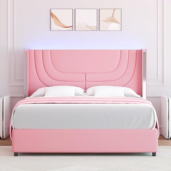 Queen Bed Frame with LED Lights and Faux Leather Upholstered Headboard
