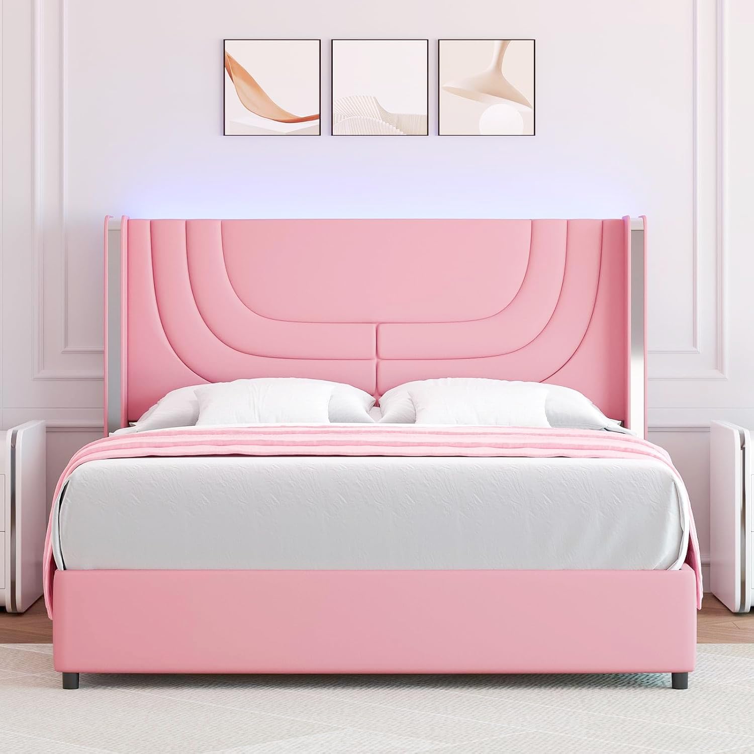 Full Size LED Bed Frame with Upholstered Wingback Headboard