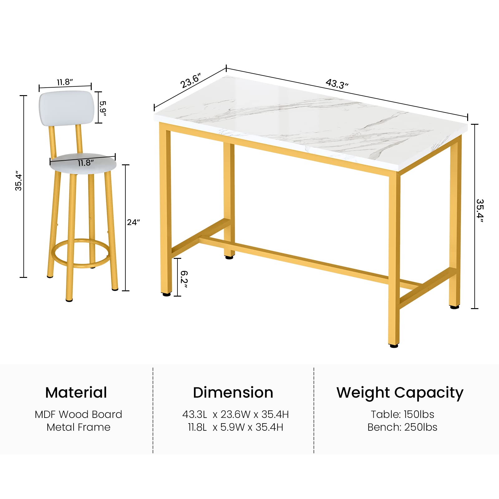 Faux Marble Counter Height Dining Table Set for 4