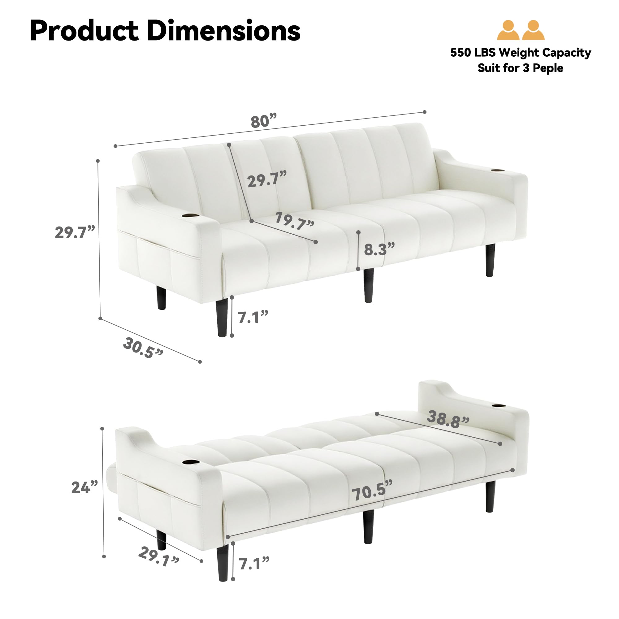 80 Inch Faux Leather Futon Sofa Bed with Adjustable Backrest
