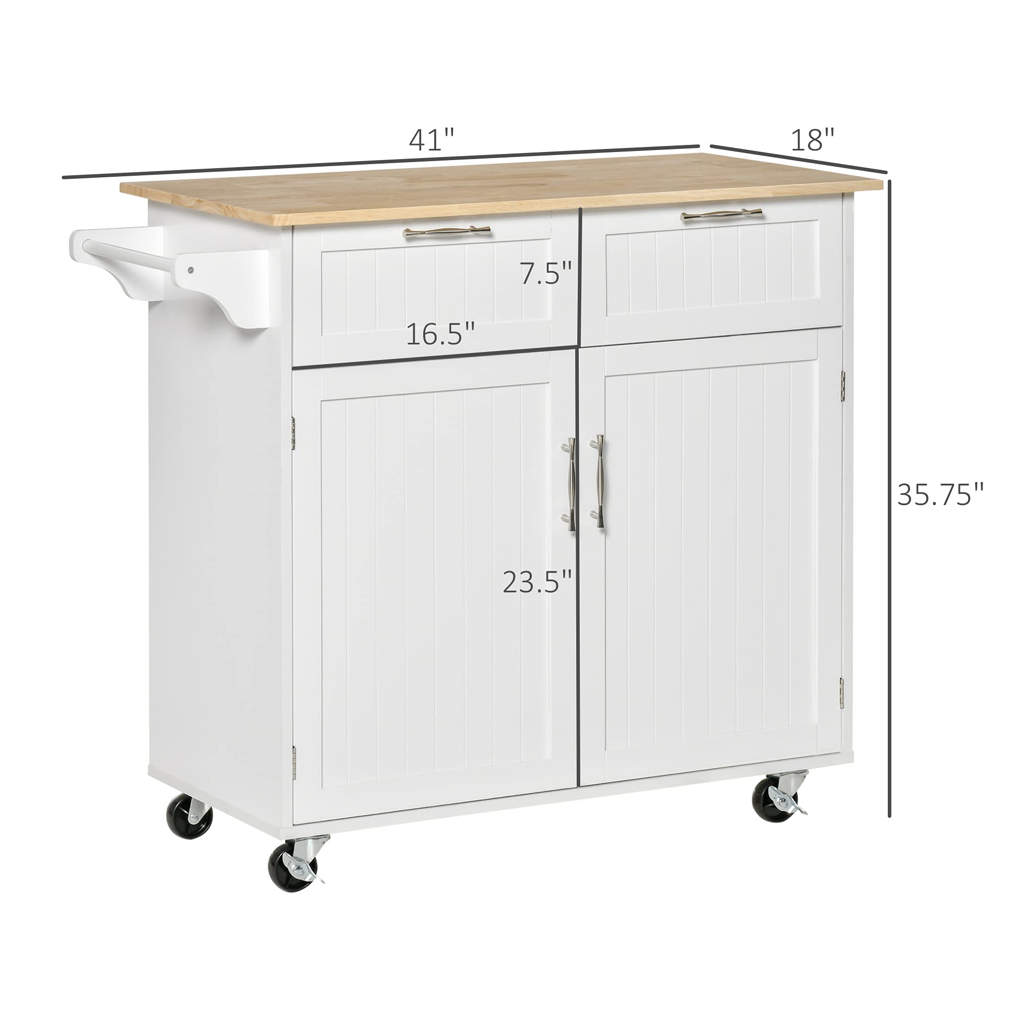 Modern Rolling Kitchen Island with Rubberwood Top