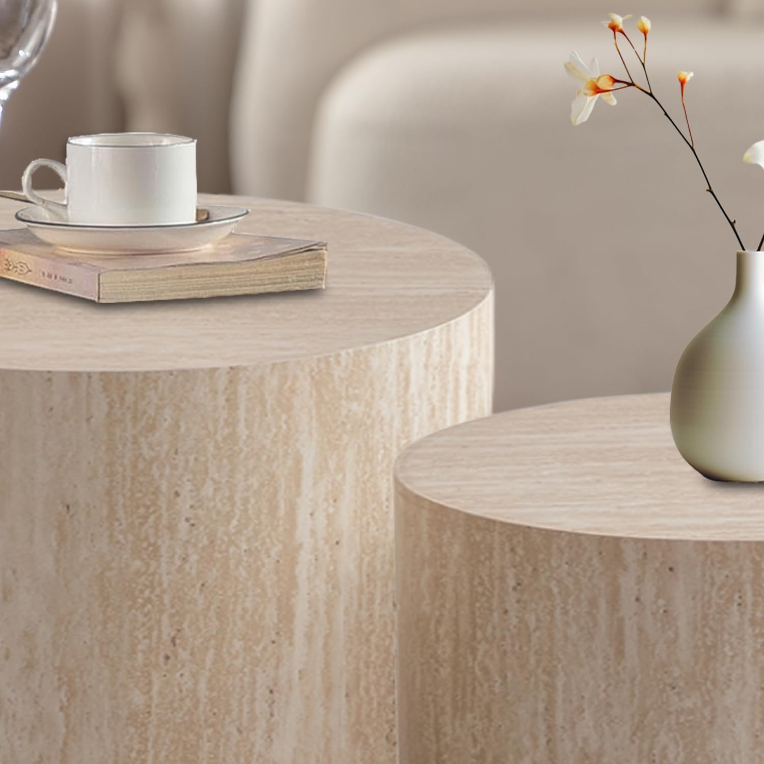 Round Nesting Coffee Table Set of 2 - Travertine Fluted Drum Tables