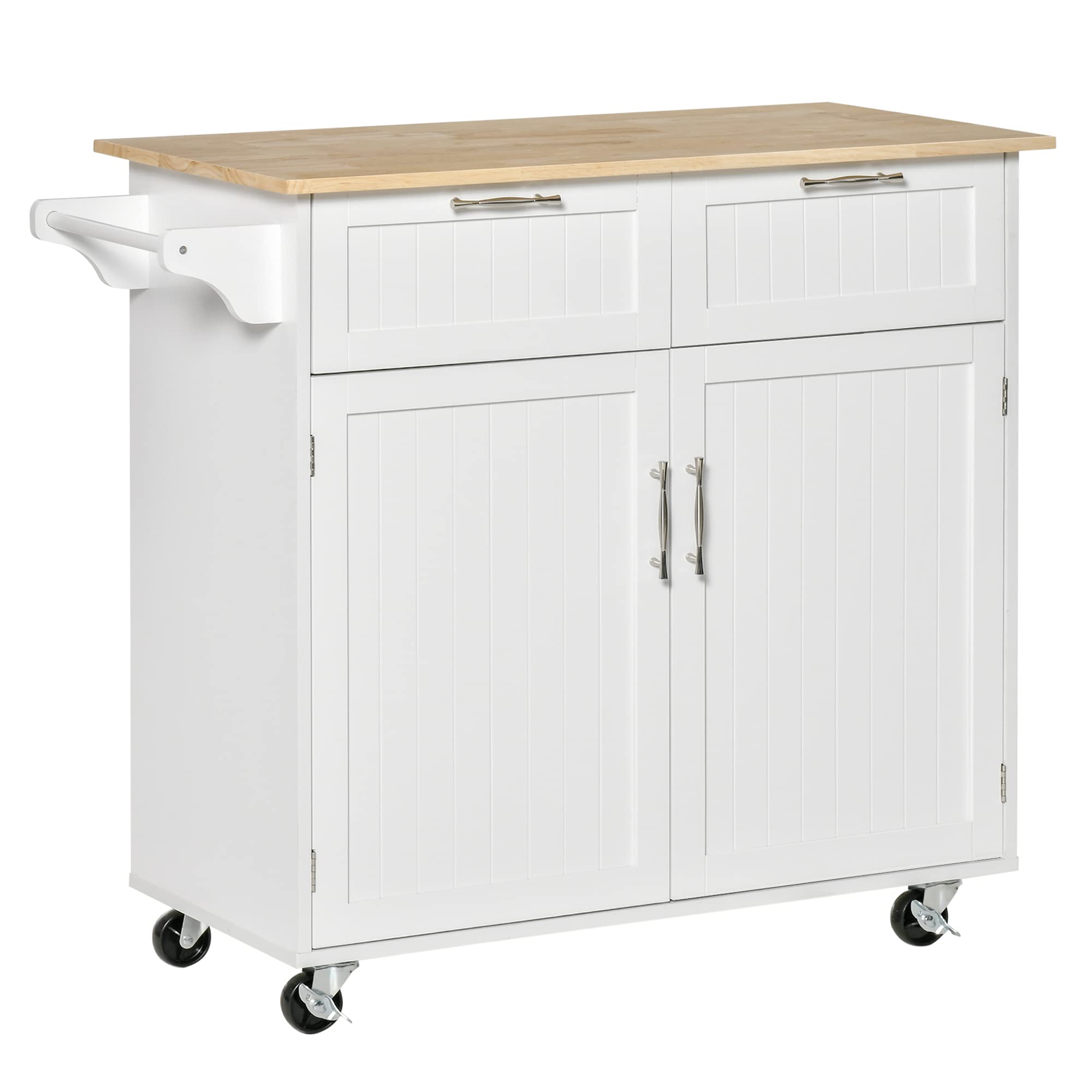 Modern Rolling Kitchen Island with Rubberwood Top