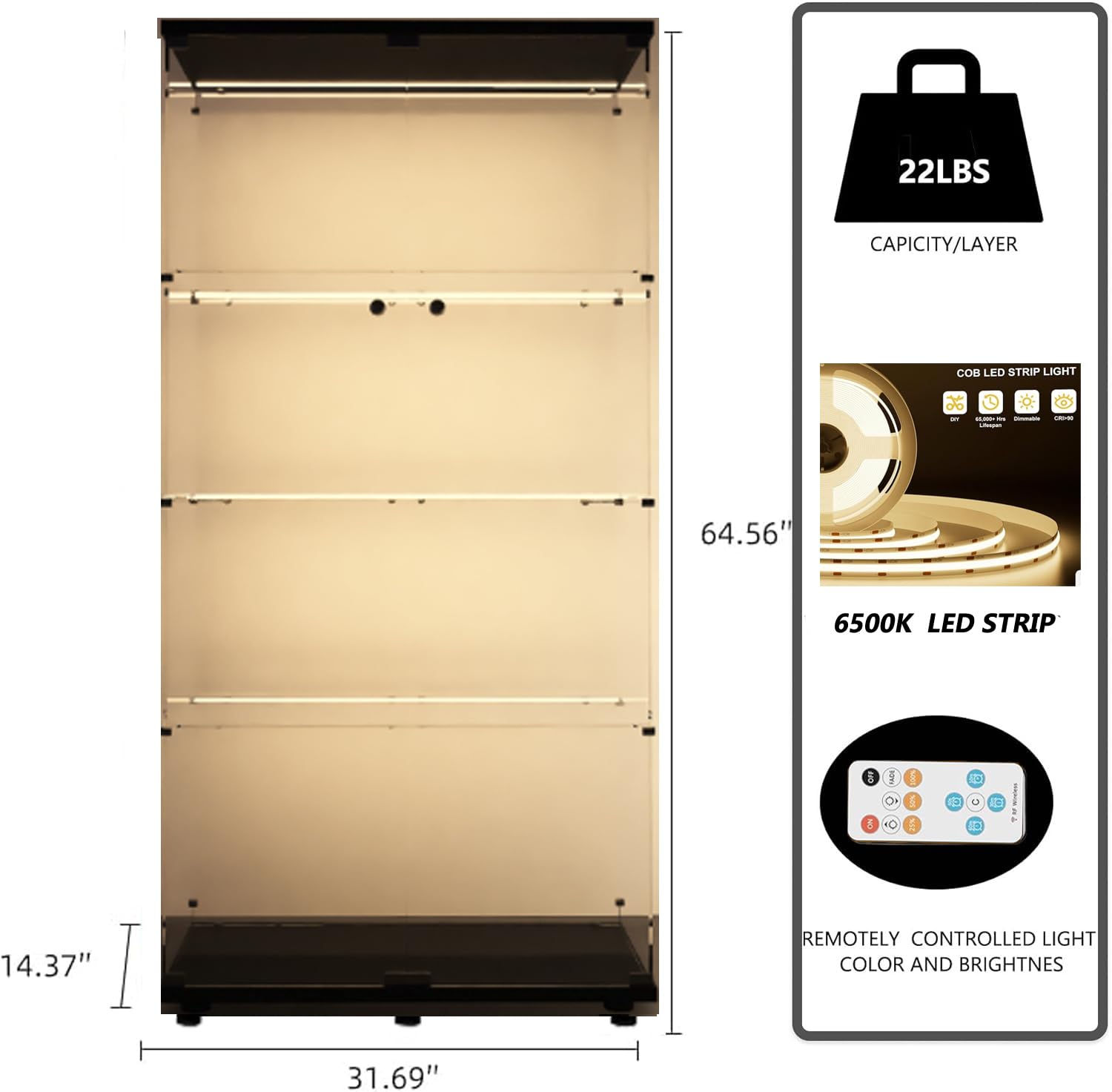 Glass Display Cabinet with LED Lights and Lock