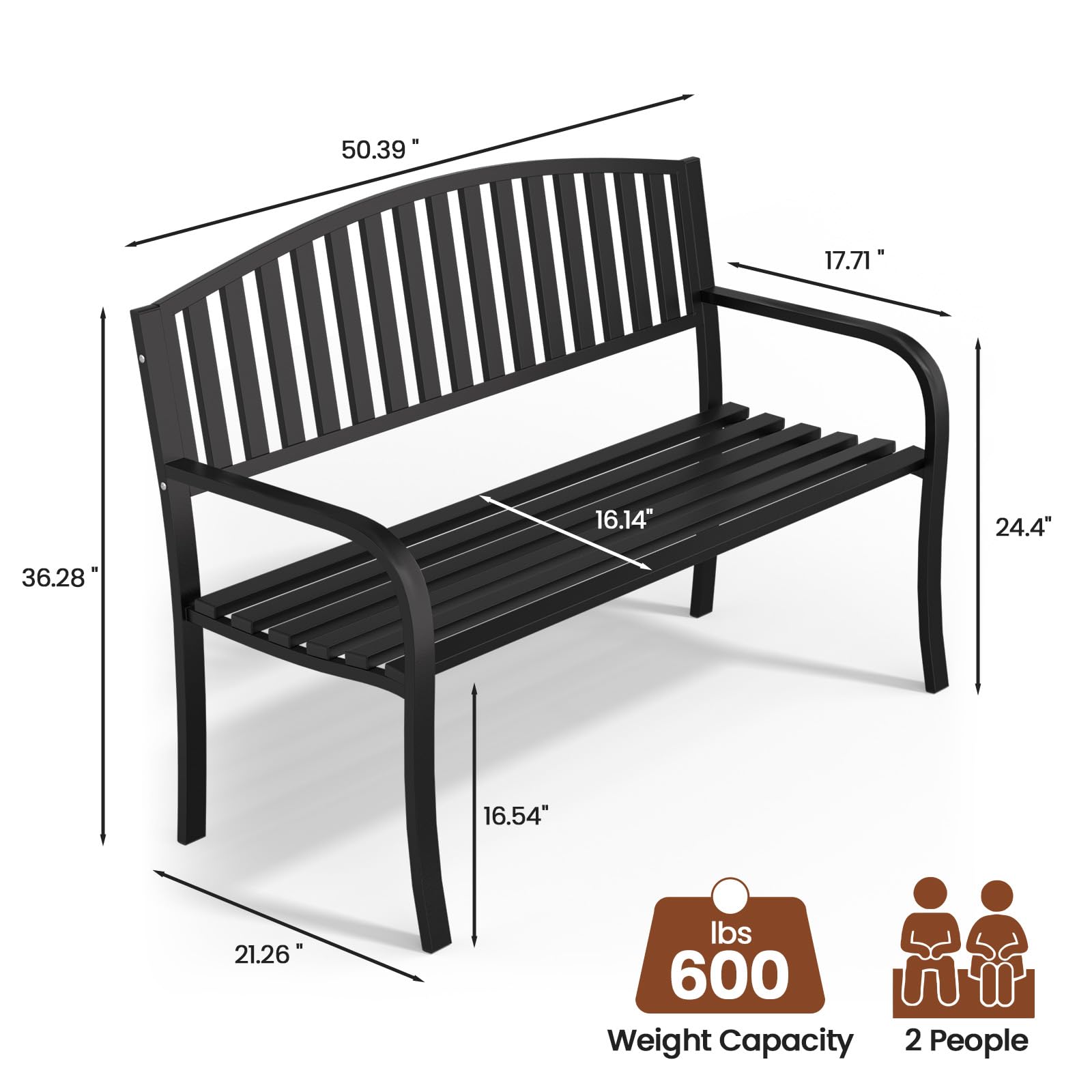 50" Metal Outdoor Bench with Armrests