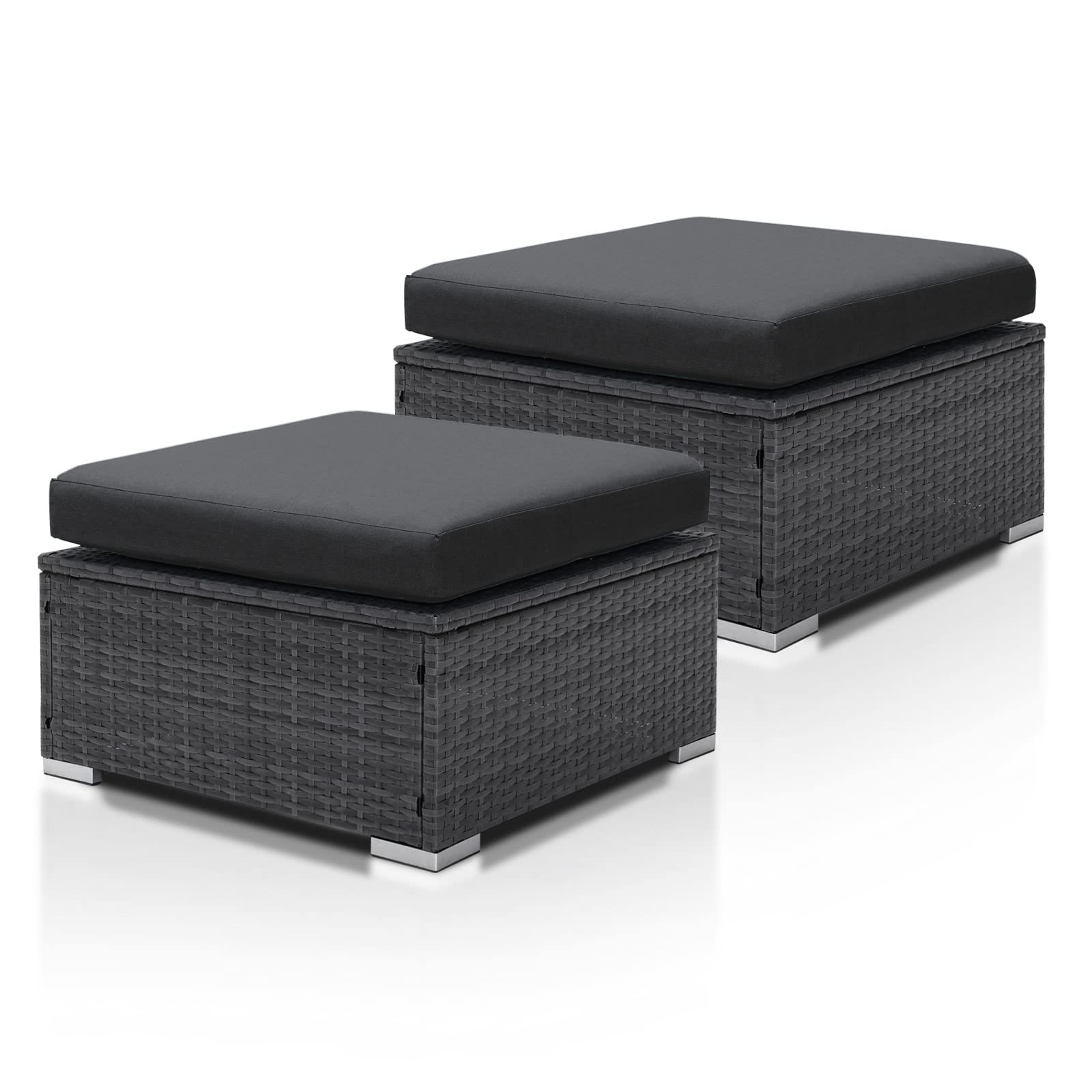 All-Weather Outdoor Wicker Ottoman Set of 2 - Dark Gray Rattan Footrest with Cushions
