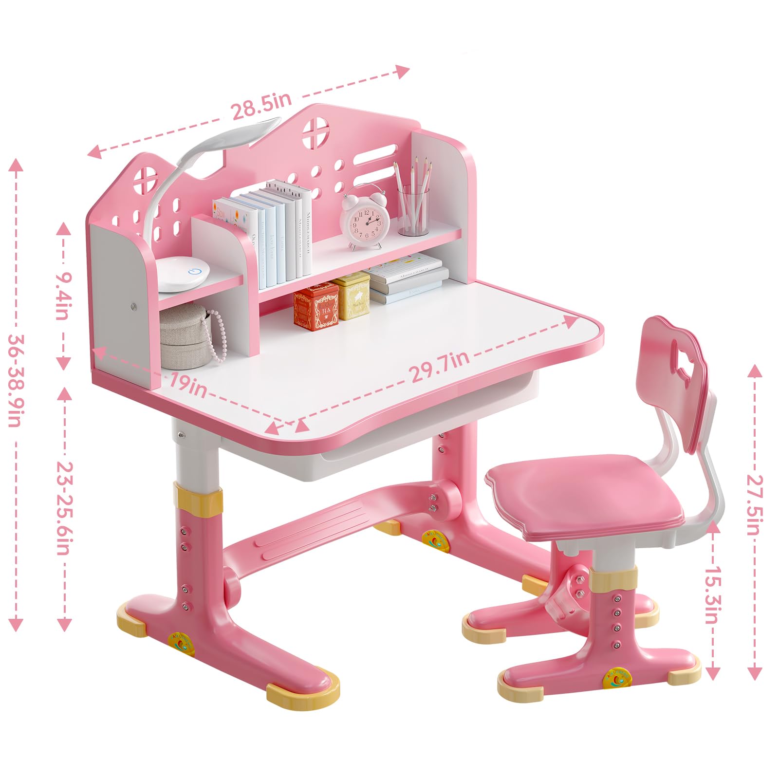 Kids Desk and Chair Set - Height Adjustable Study Writing Table with Bookstand and Storage Drawer
