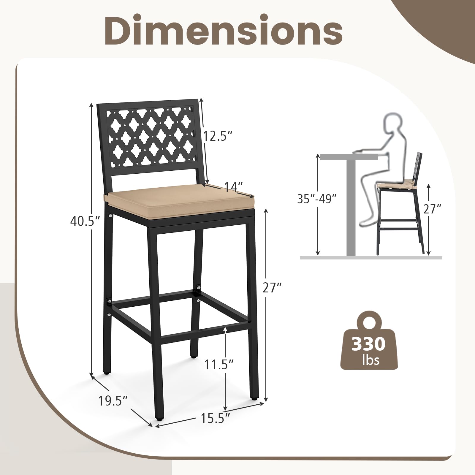 Outdoor Bar Chairs Set of 2 - Counter Height Metal Frame Barstools with Removable Cushions