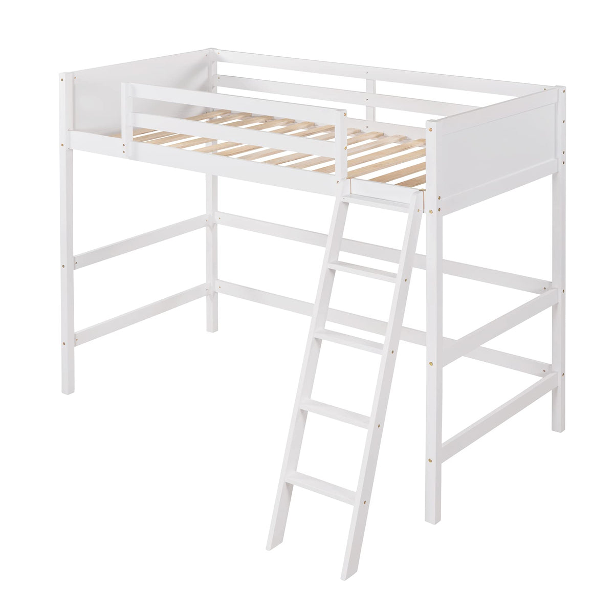 Twin Loft Bed with Ladder - White Wood Kids Bunk Bed