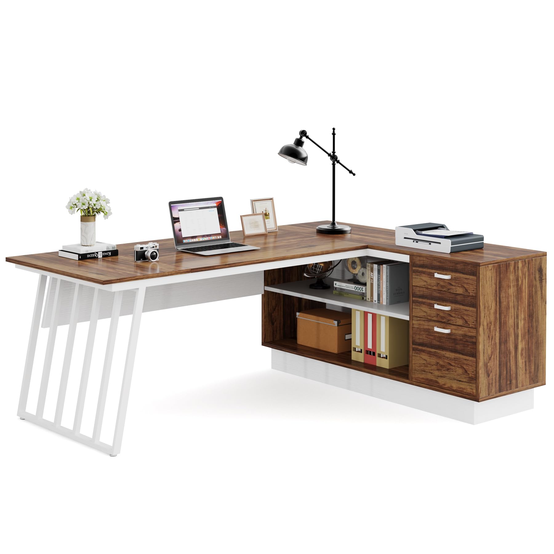 71-Inch L-Shaped Executive Desk with Cabinet and Storage