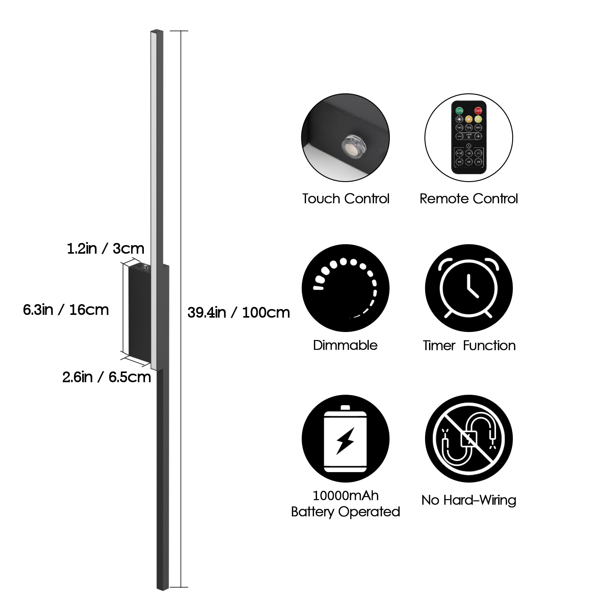 39.4" Black Battery Operated Wall Sconce Set of 2