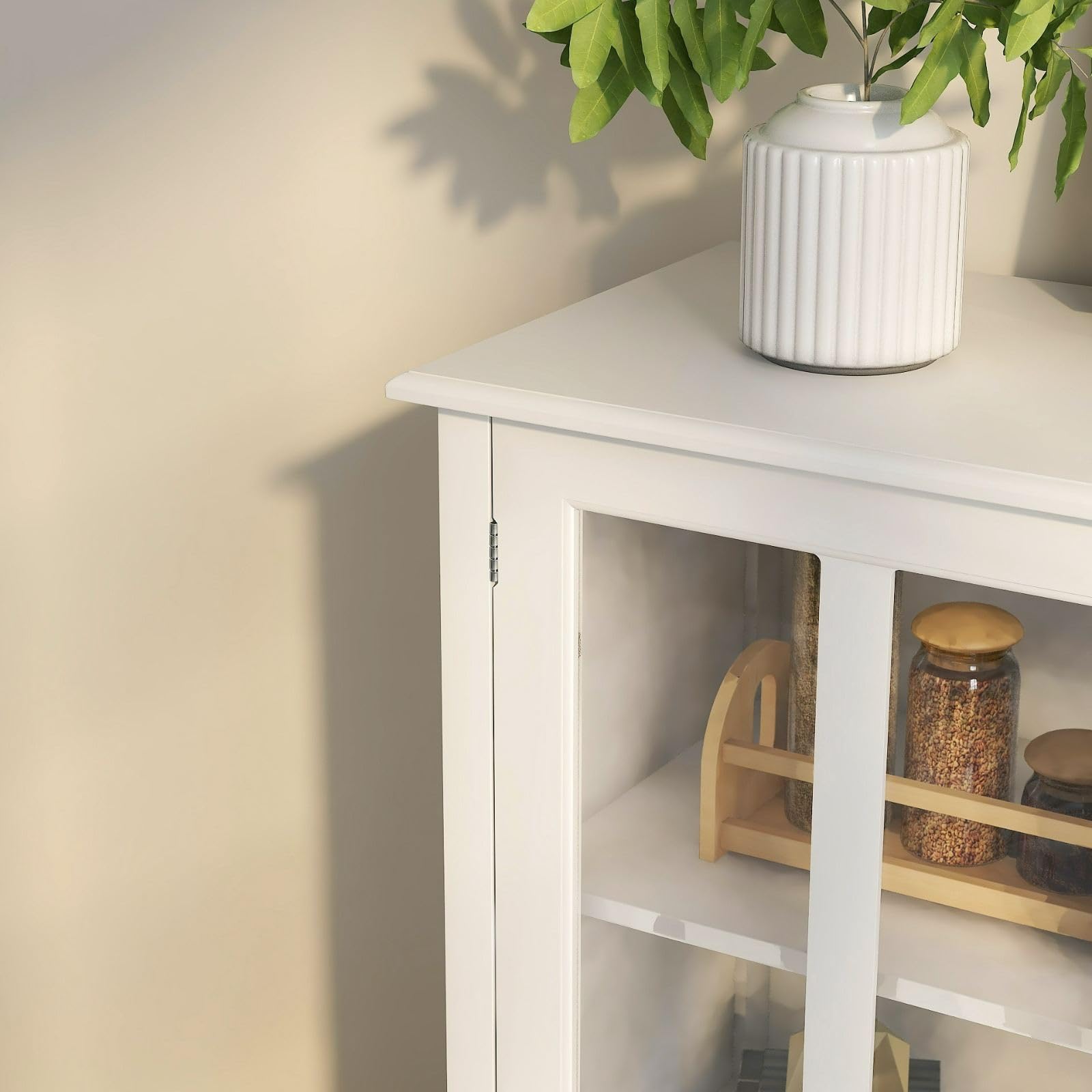 Wooden Storage Cabinet with Glass Doors and Drawer