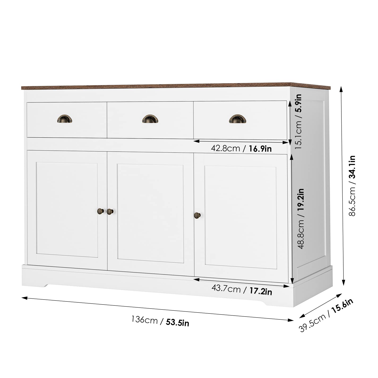 White Buffet Cabinet with 3 Drawers and 3 Doors