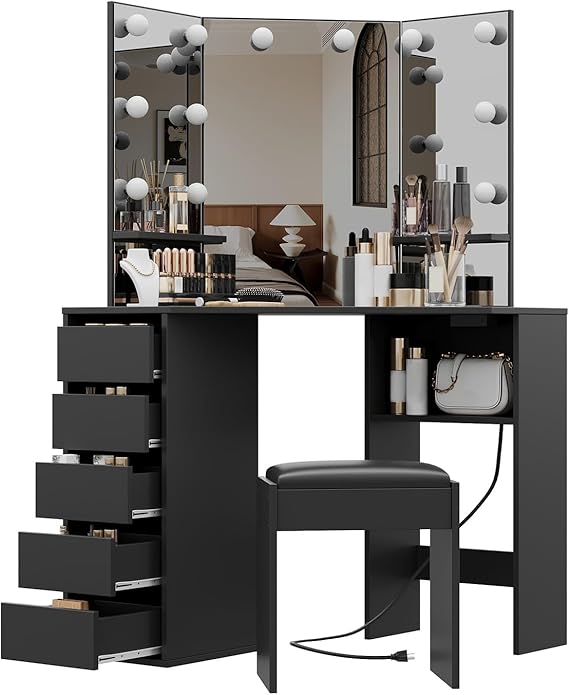 Corner Vanity Desk with Mirror and LED Lights