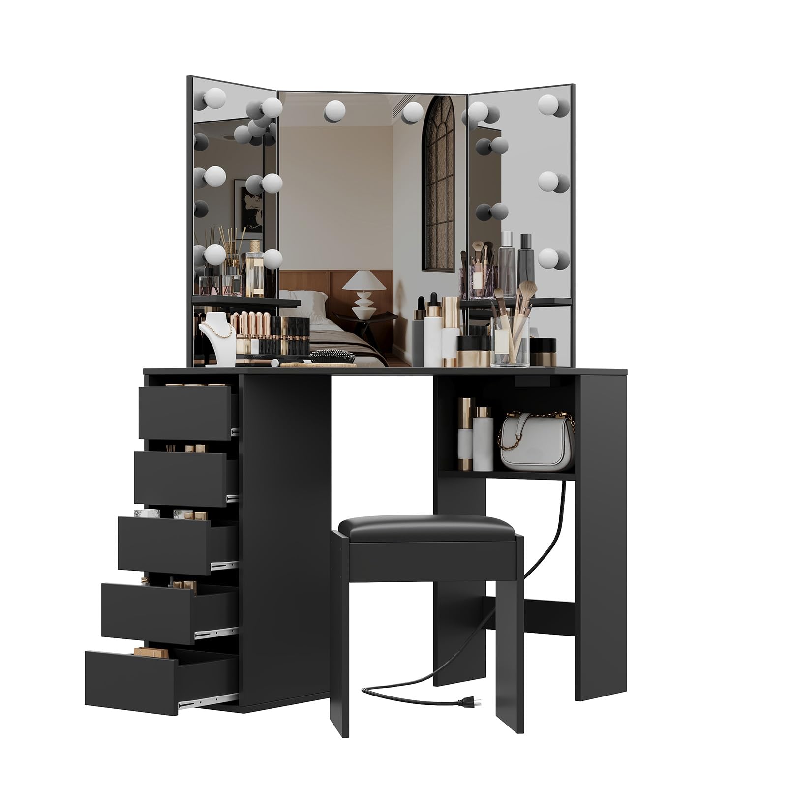 Corner Vanity Desk with Mirror and LED Lights