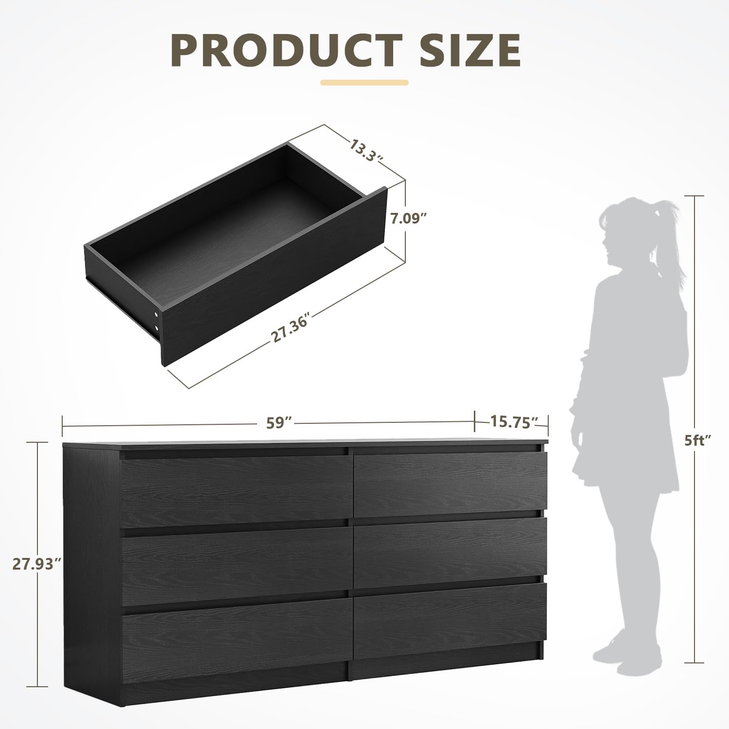 59 Inch Modern 6 Drawer Dresser Black