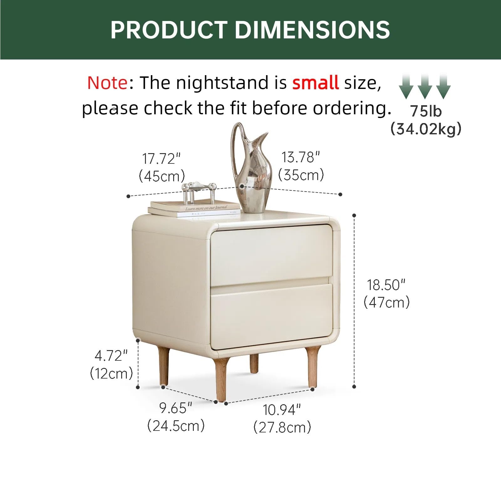 White Solid Wood Nightstand with 2 Drawers