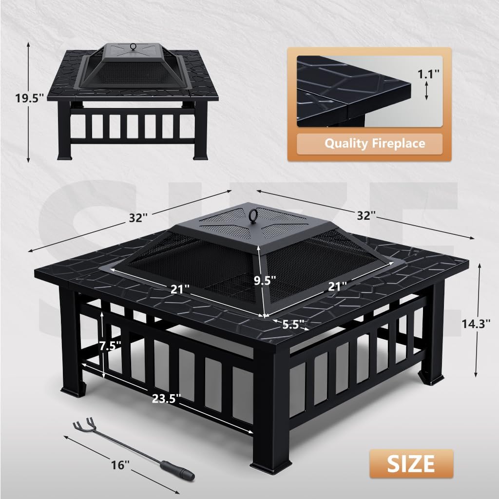 Square Metal Fire Pit with Spark Screen