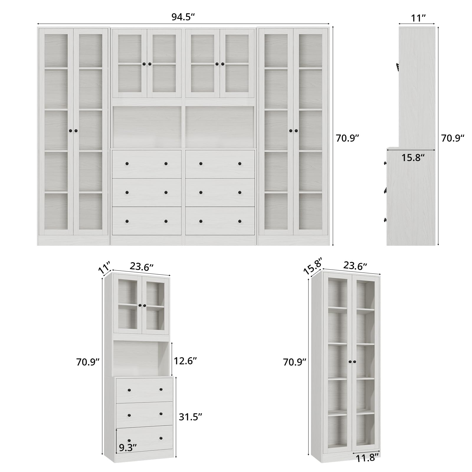 5-Tier Modular Storage Cabinet with Glass Doors and Drawers