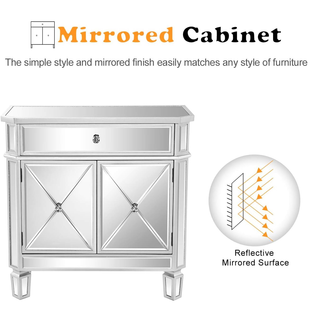 Mirrored Nightstand with Drawer and Two Doors
