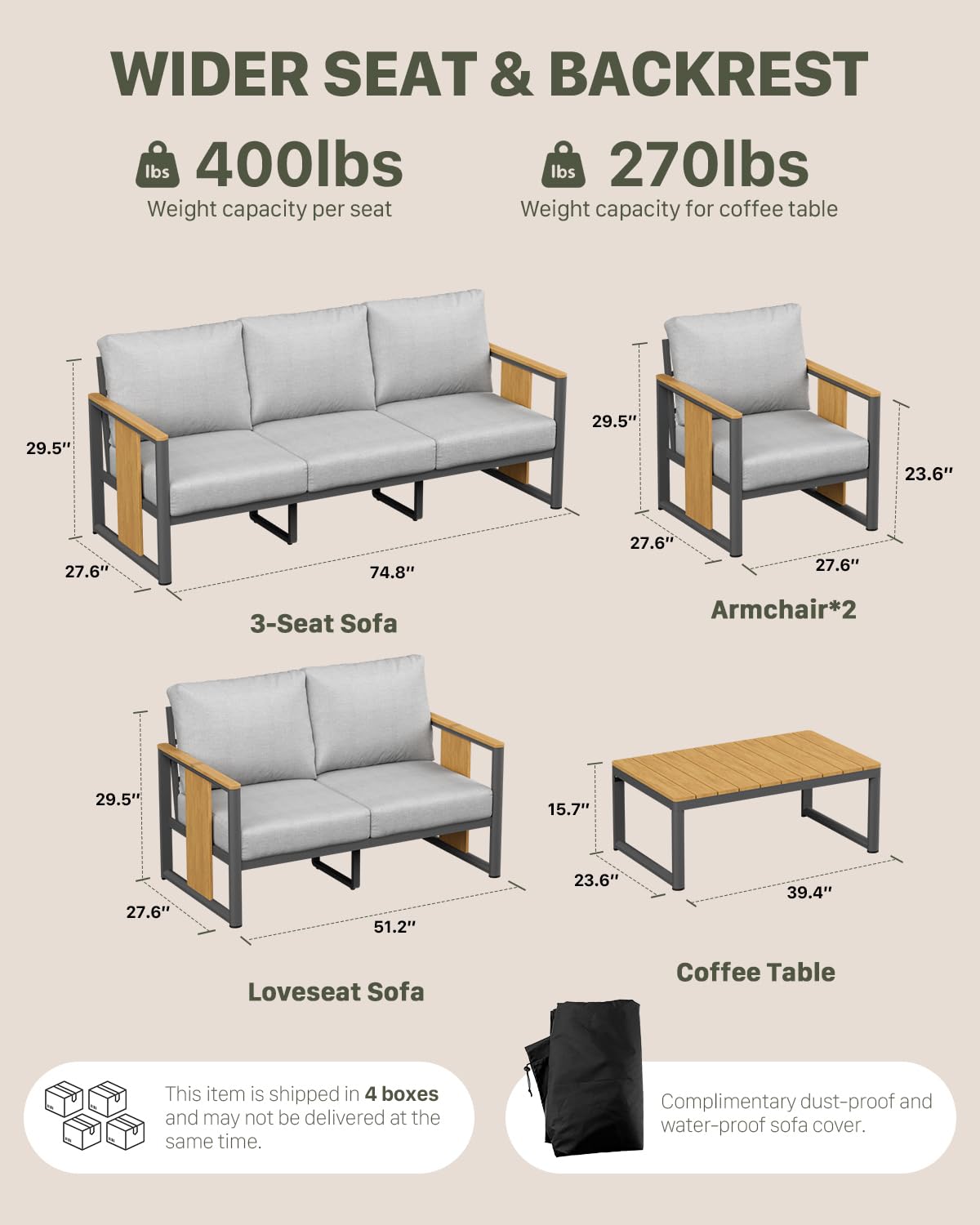 5-Piece Aluminum Outdoor Patio Sectional Conversation Set with Coffee Table