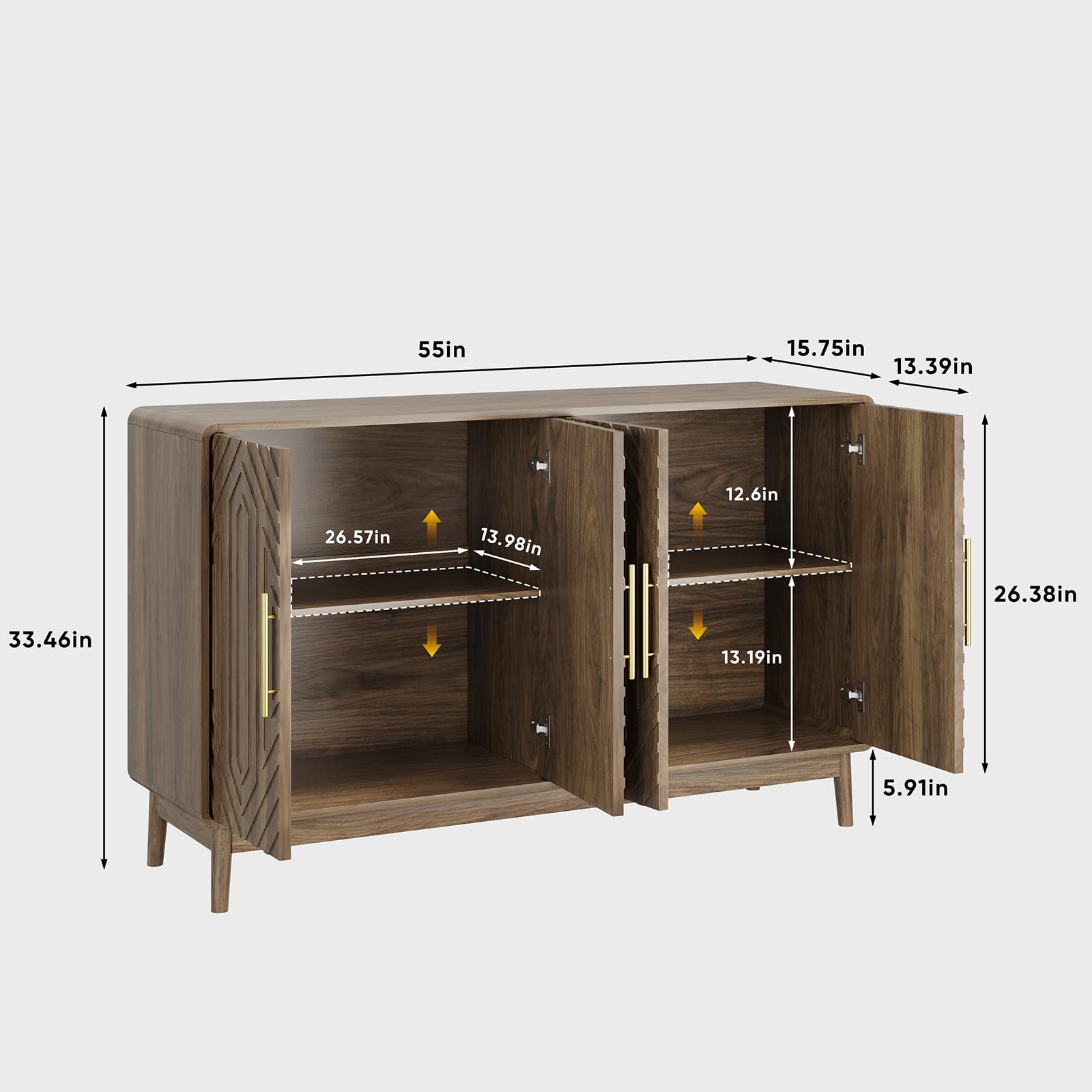 Walnut 4-Door Sideboard Buffet Cabinet with Adjustable Shelves