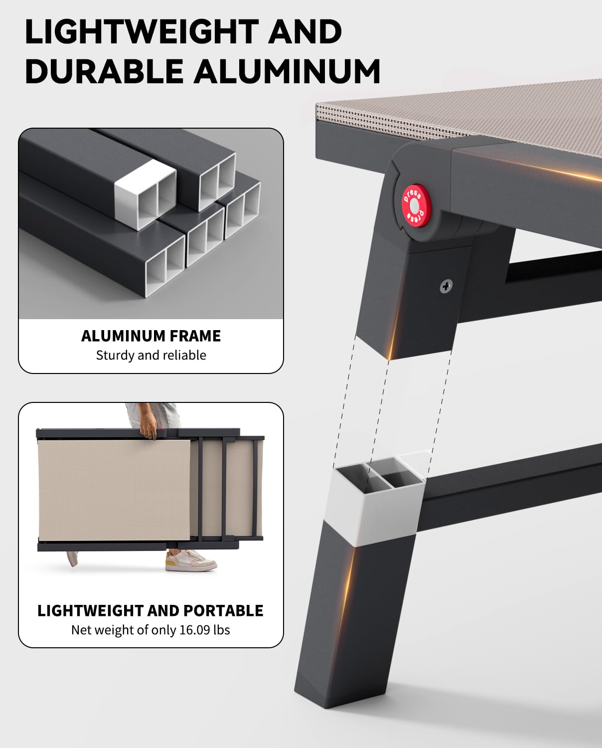 Aluminum Chaise Lounge Chair - Foldable Outdoor Patio Lounger with 5 Adjustable Positions