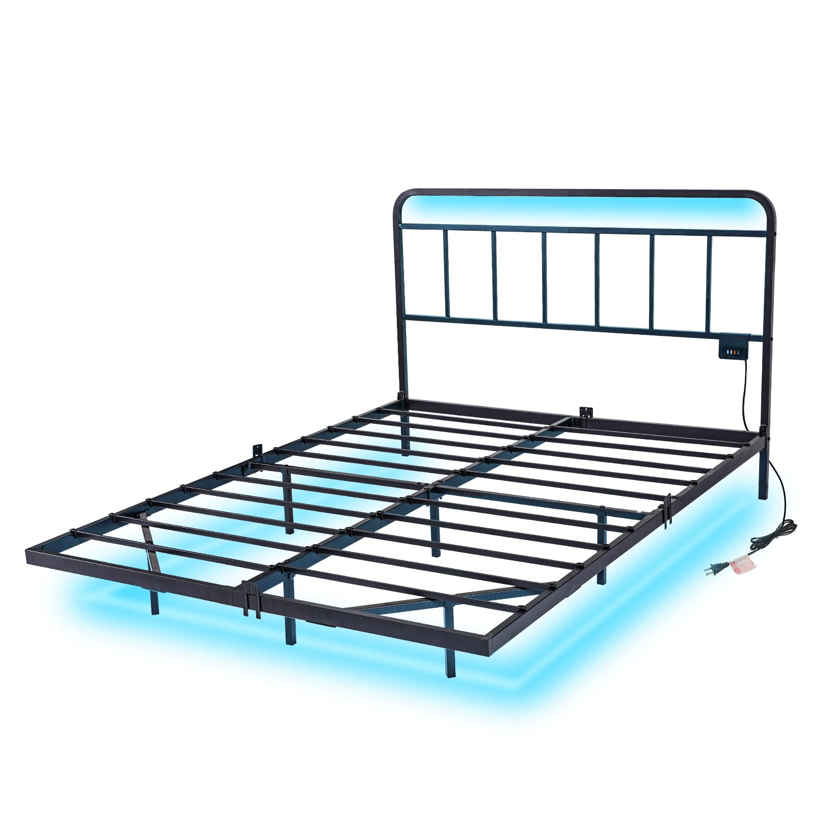 Floating Queen Platform Bed Frame with LED Lights & Charging Station