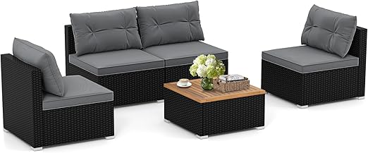 5-Piece PE Rattan Outdoor Sectional Set with Acacia Wood Coffee Table