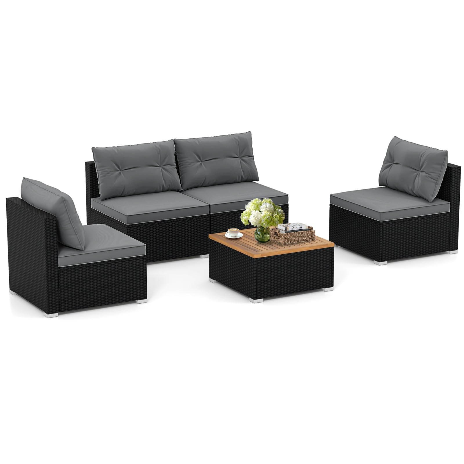 5-Piece PE Rattan Outdoor Sectional Set with Acacia Wood Coffee Table
