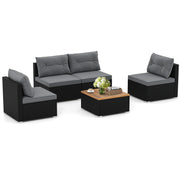 5-Piece PE Rattan Outdoor Sectional Set with Acacia Wood Coffee Table
