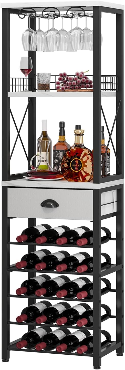 4-Tier Wine Rack Floor Cabinet with Glass Holder and Storage Drawer